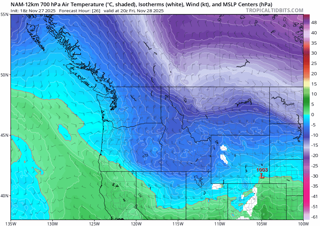 NAM model animation showing temperature and wind forecast for Washington Cascades November 2025