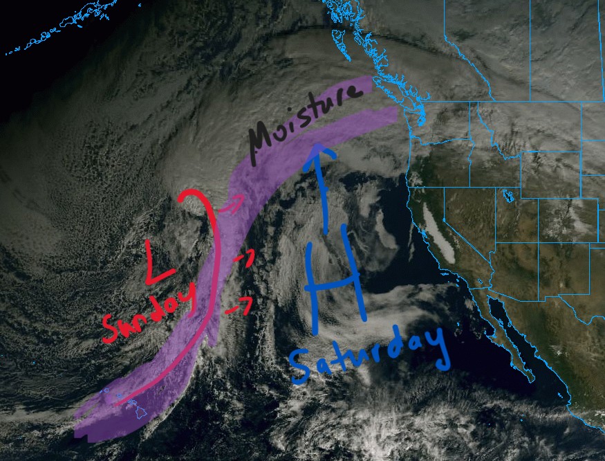 GOES satellite image showing atmospheric river and ridge pressure pattern over Pacific Northwest December 12 2025