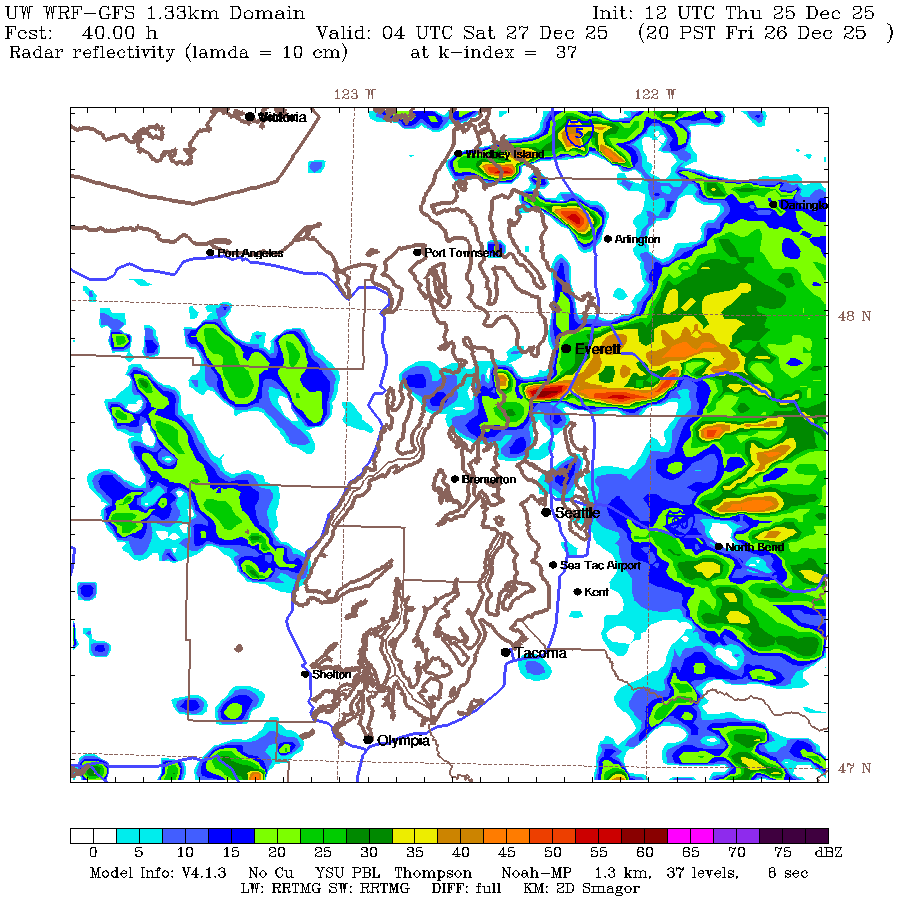 12Z UW WRF model showing potential for Puget Sound Convergence Zone set up Friday evening bringing enhanced 
                    snowfall rates to the western slopes of the Cascades
