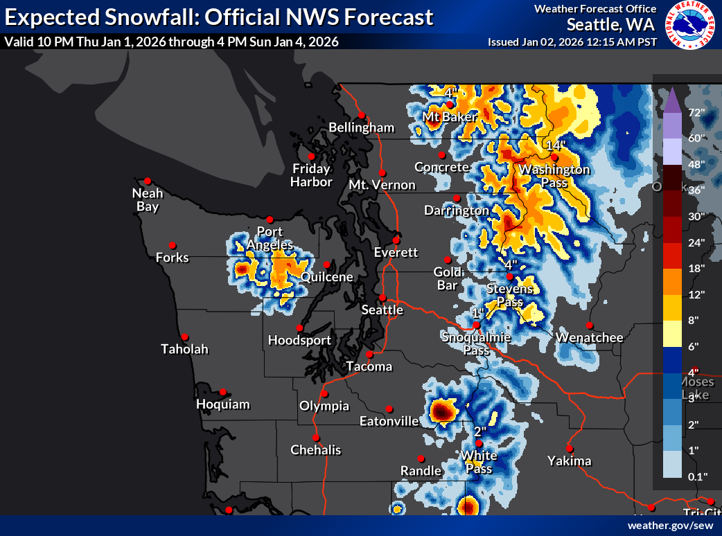 Snowfall forecast from the National Weather Service for Western Washington through 4pm PST Sunday 4 January